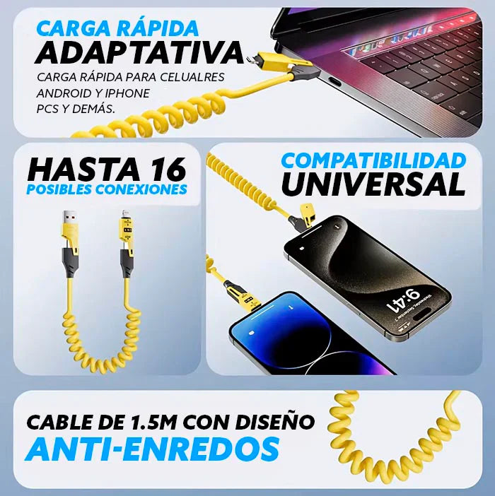 OFERTA 2x1: Cable 4 en 1 de Carga Rápida Extensible | Compatibilidad Universal
